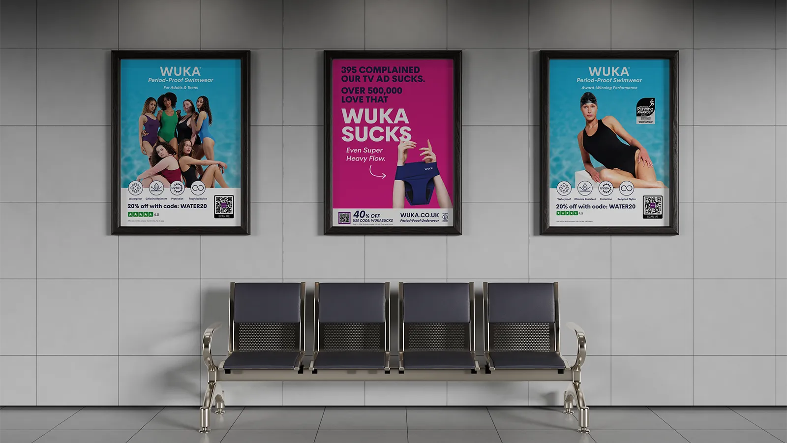 WUKA out-of-home advertising displayed across three service station and bathroom placements, promoting sustainable period products to on-the-go audiences
