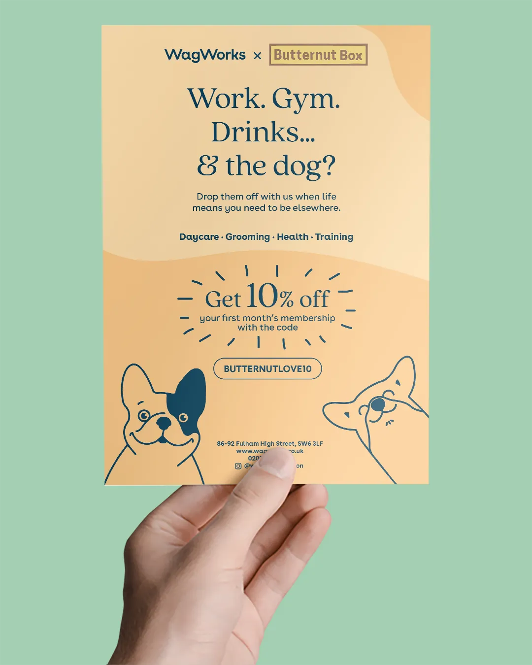 Second premium flyer design for WagWorks, a luxury dog daycare service in London, showcasing brand identity and high-end print design