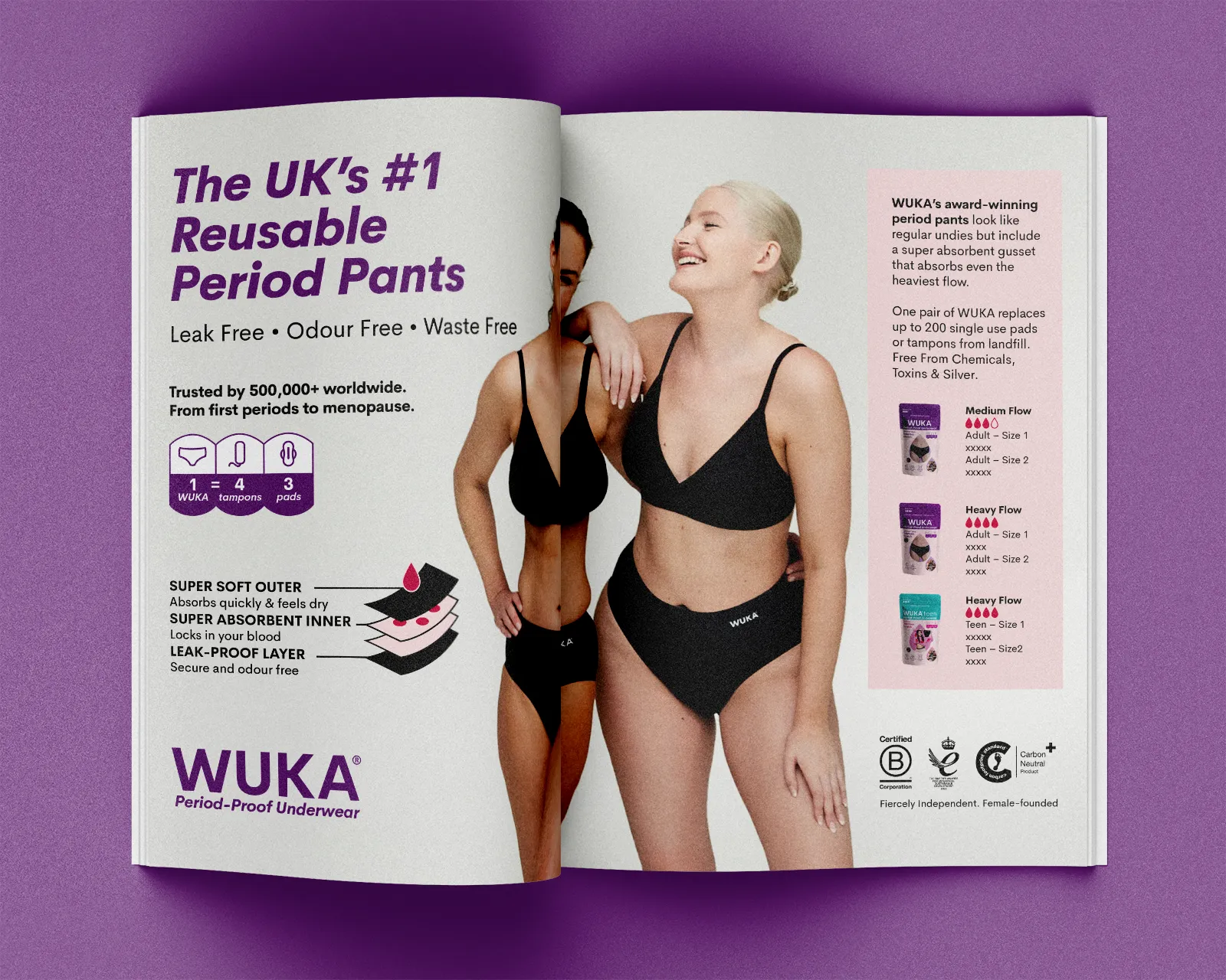 WUKA press ad featured in Avon magazine, highlighting sustainable period underwear with bold, empowering messaging aimed at a wide female audience.