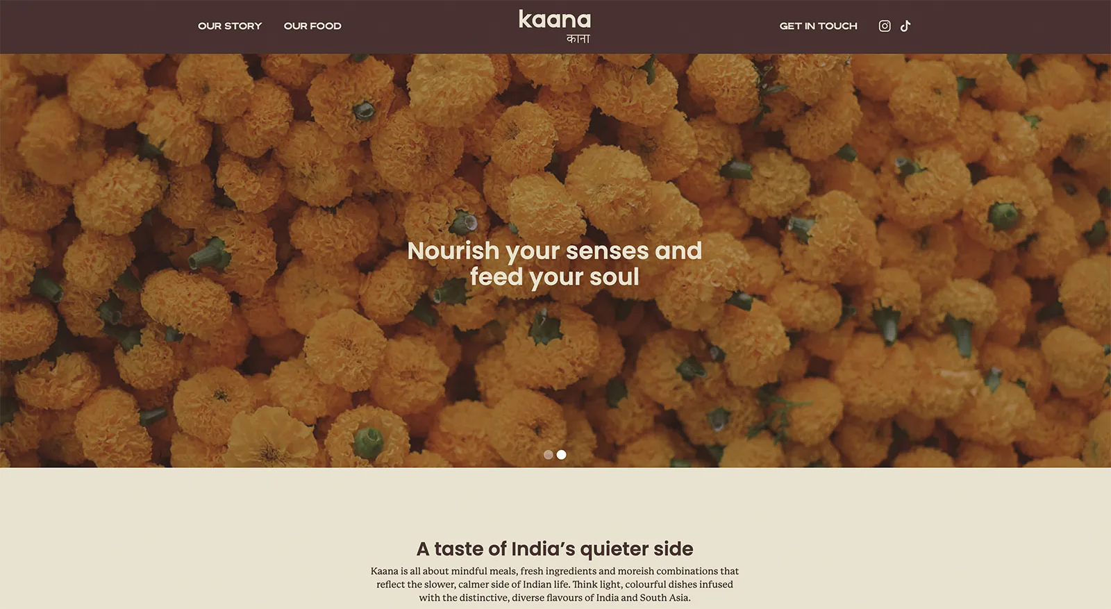 Website build for Kaana, a London-based Indian healthy fast food brand, developed on Webflow to reflect their vibrant, modern dining concept.