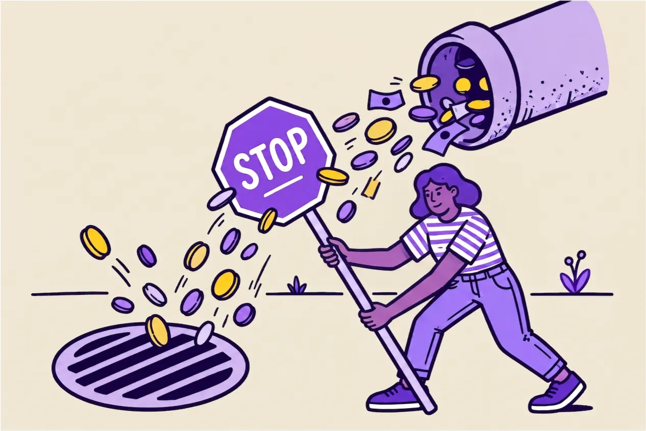 Illustration of a person holding a stop sign to block coins and bills flowing from a large tilted container into a drain, symbolizing stopping money waste.