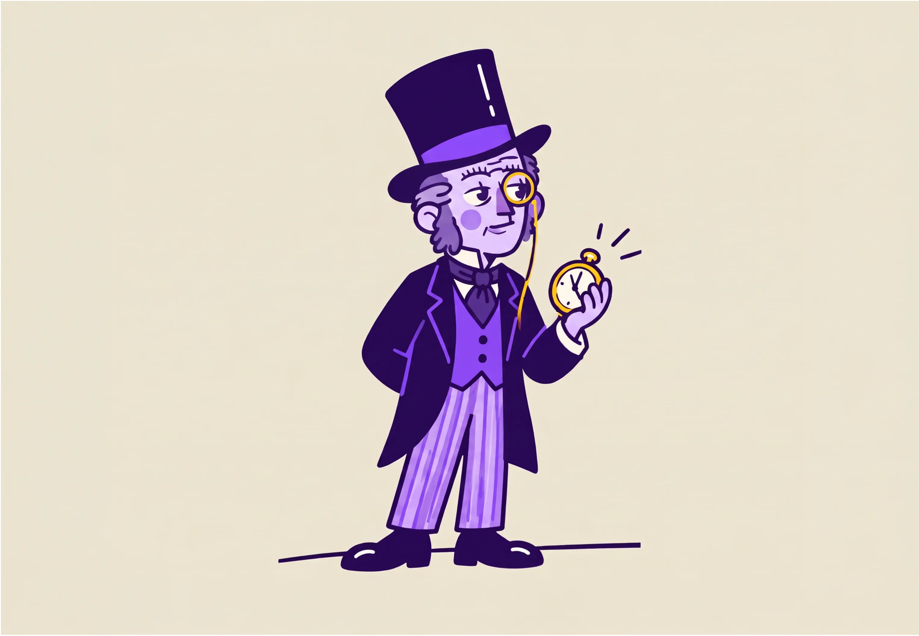 Cartoon of a distinguished man wearing a top hat, monocle, purple suit with striped trousers, and holding a gold pocket watch.