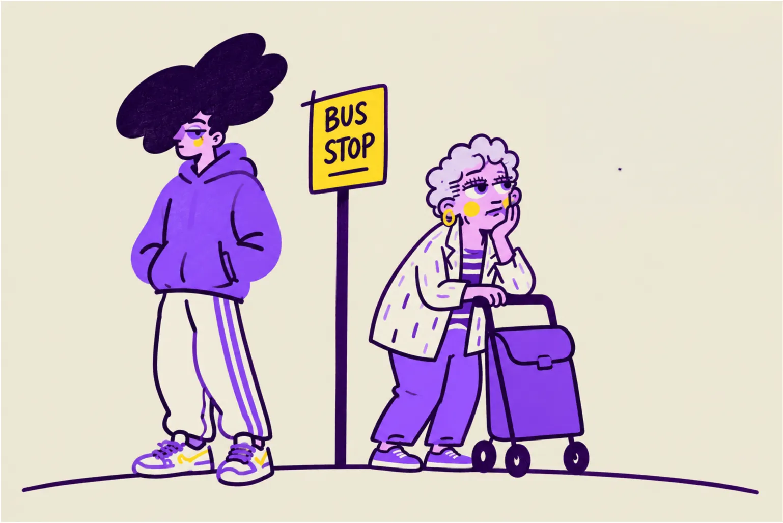 Illustration of a young person and an elderly woman waiting at a bus stop, the young person stands with hands in pockets looking away, and the elderly woman leans on a walker with a bag, resting her head on her hand.