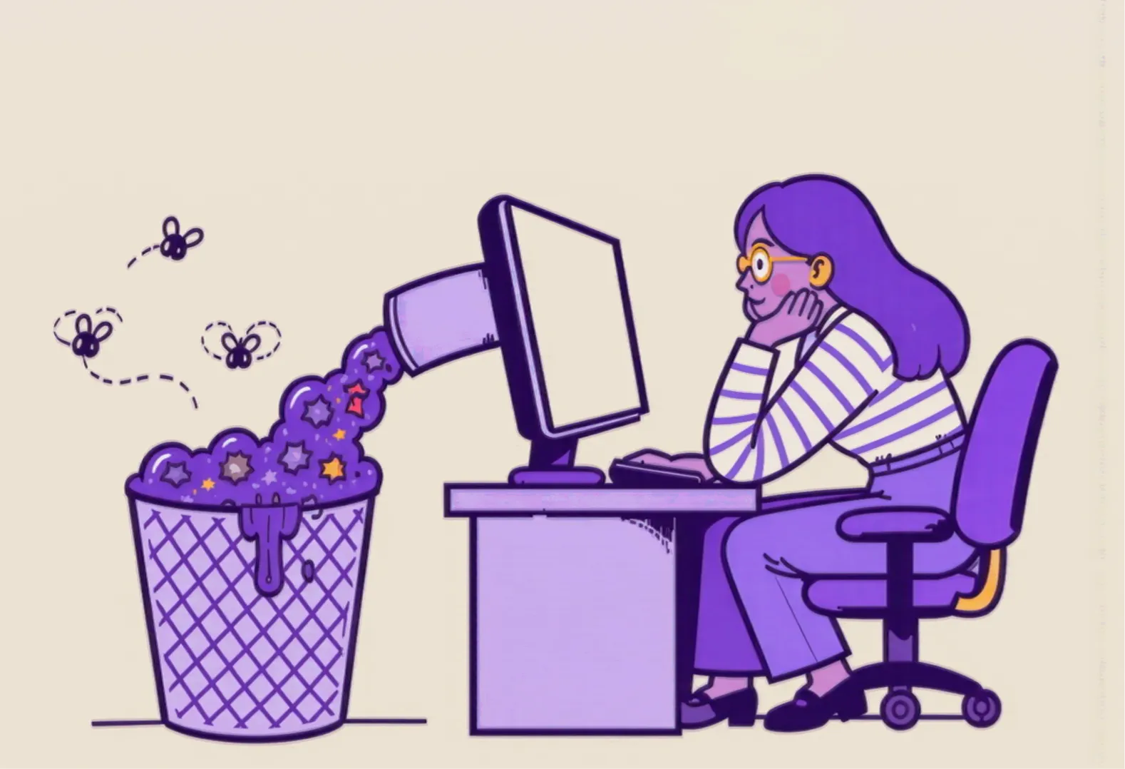 Illustration of a woman with purple hair and glasses sitting at a desk, looking at a computer monitor, with colorful stars flowing out of the screen into a trash bin, while three bees fly around the bin.
