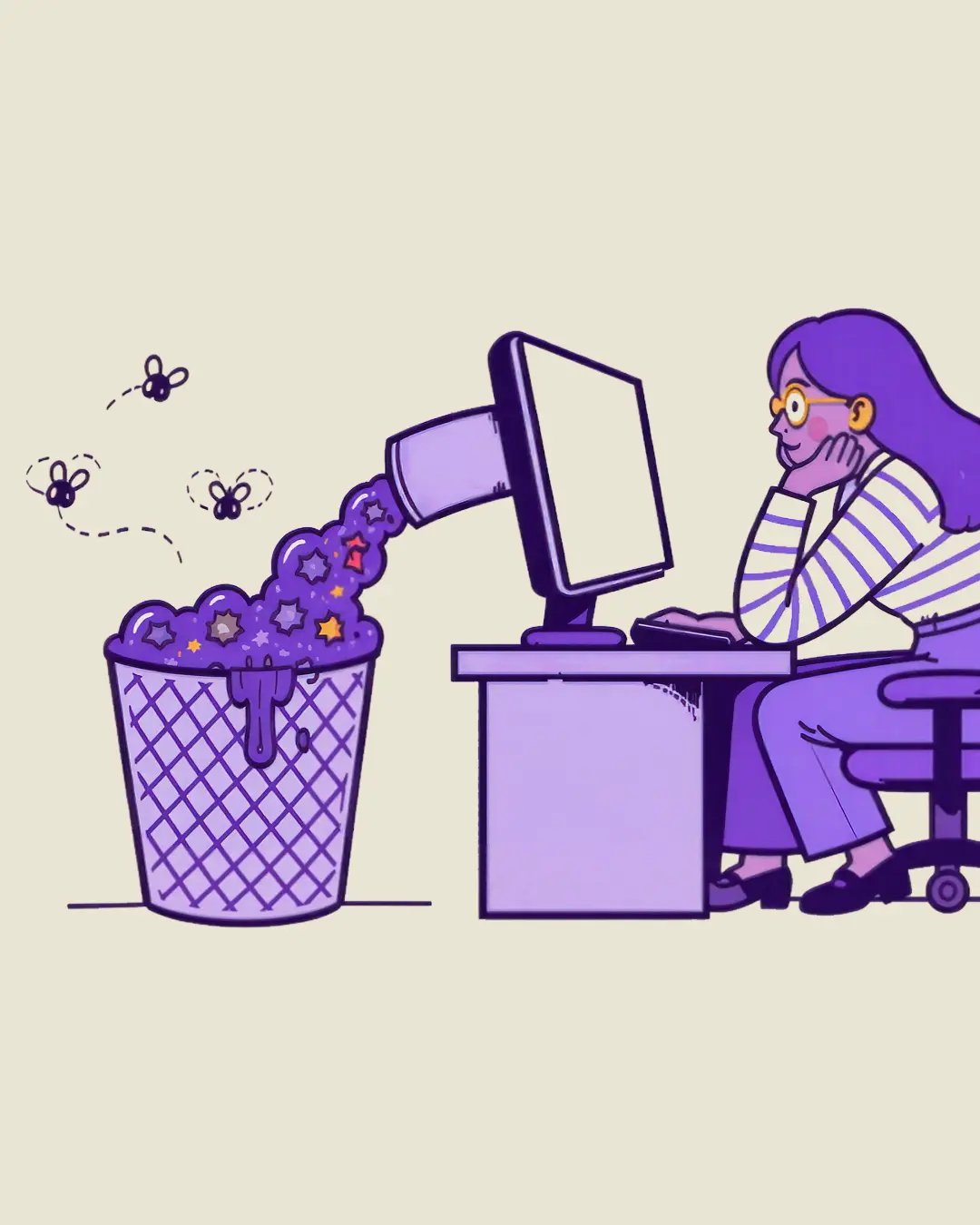 Illustration of a woman with purple hair and glasses sitting at a desk, looking at a computer monitor, with colorful stars flowing out of the screen into a trash bin, while three bees fly around the bin.