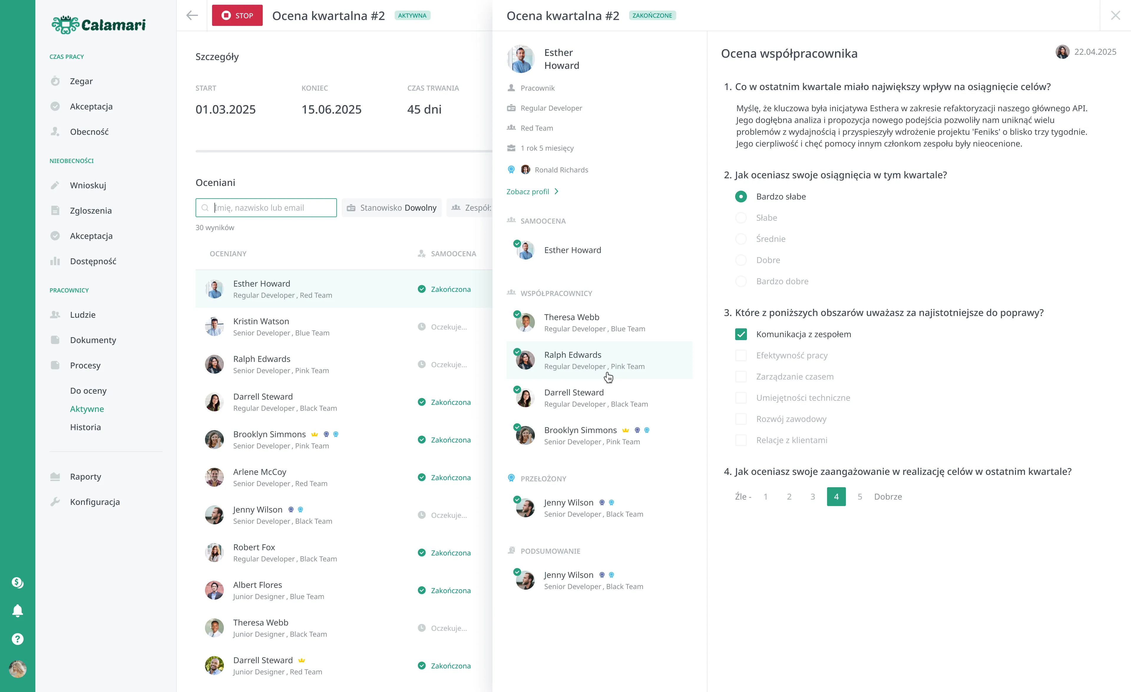 Panel Aplikacji Calamari z zaznaczoną zakładką Oceny pracy