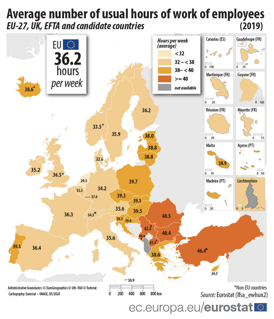 Tygodniowy czas pracy pracowników na terenie Unii Europejskiej