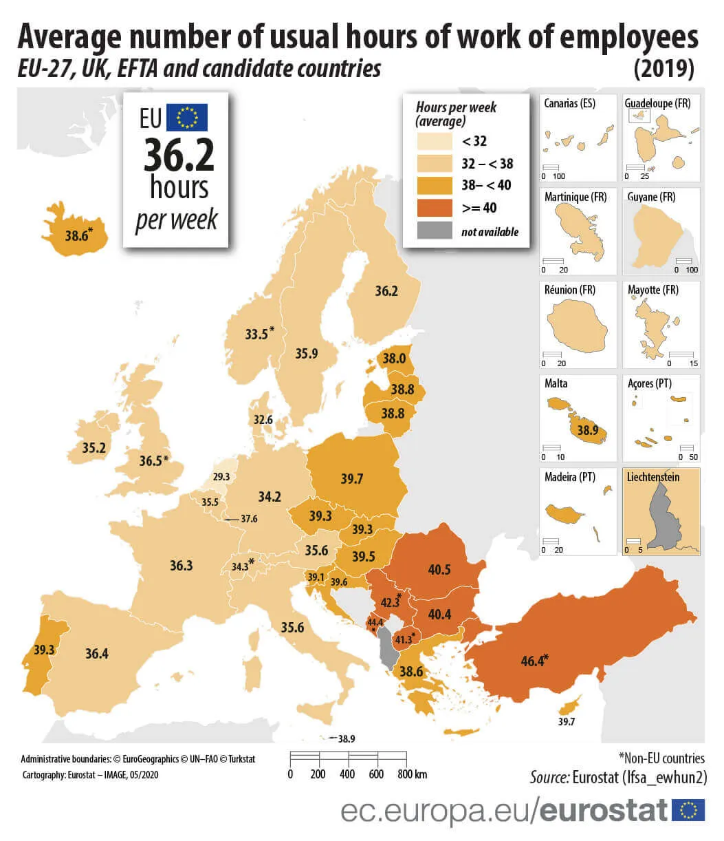 Tygodniowy czas pracy pracowników na terenie Unii Europejskiej