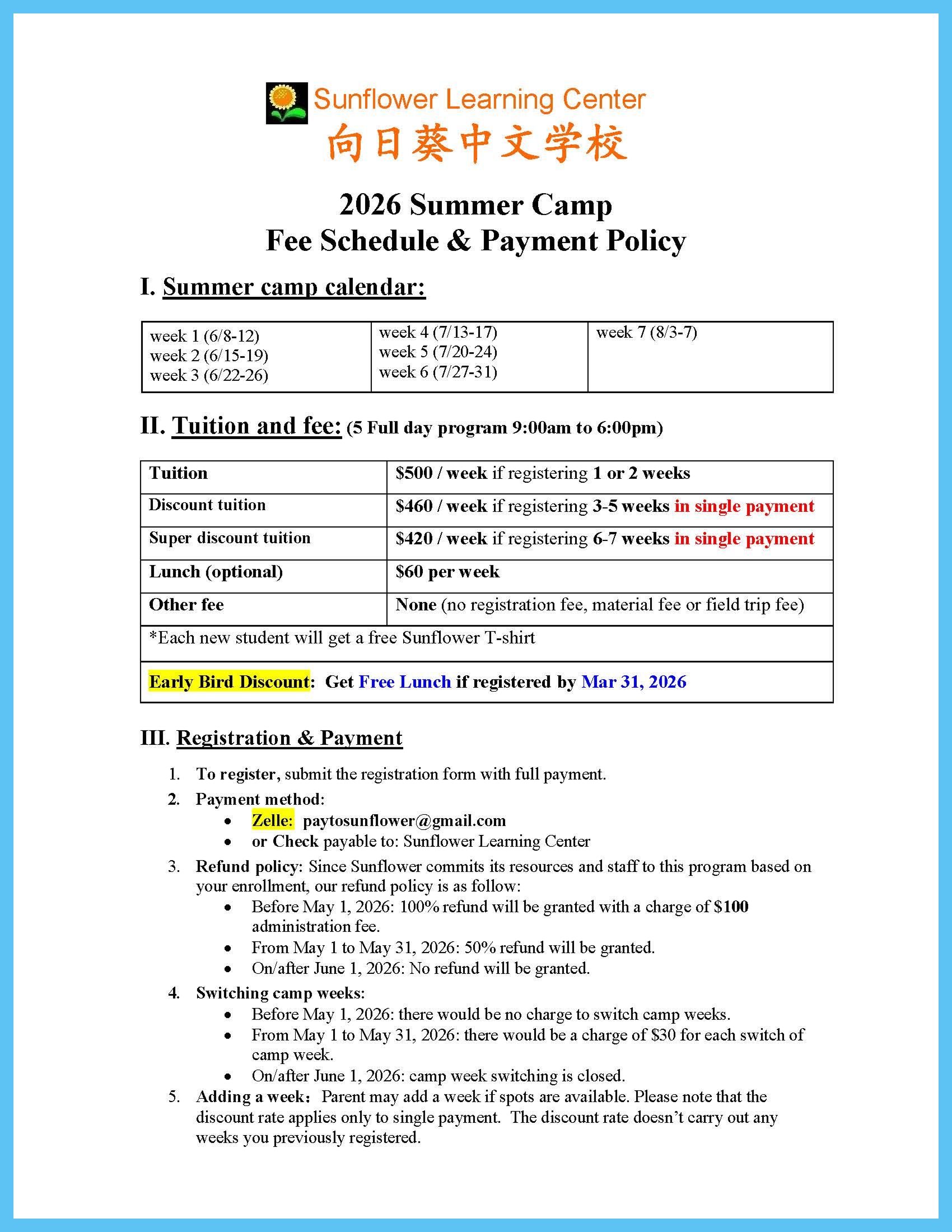2026 Summer Camp Fee Schedule and Payment Policy for Sunflower Learning Center including summer camp calendar, tuition fees, early bird lunch discount, payment methods, refund, and switching week policies.
