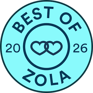 Blue circular badge with two interlocking hearts and text Best of Zola 2026.