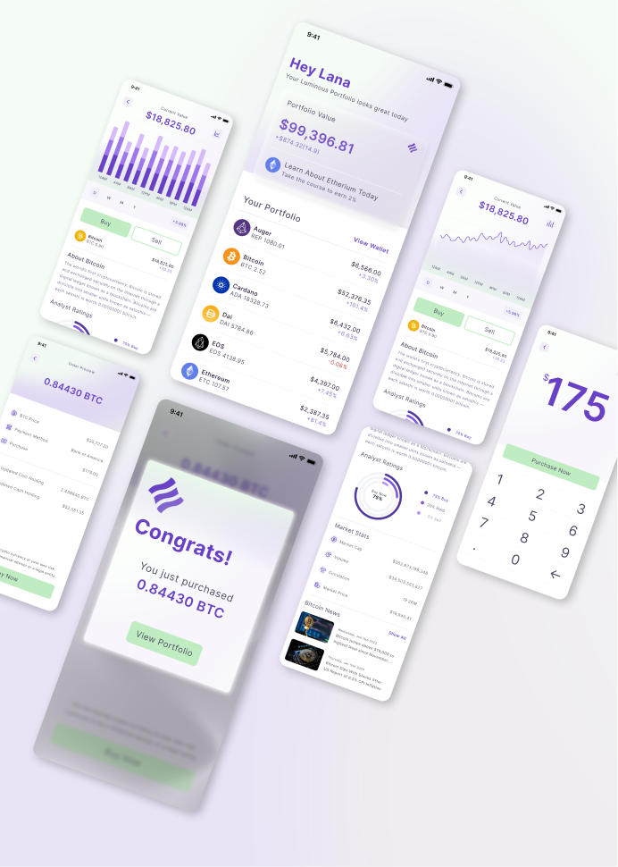 Mobile app screens showing a cryptocurrency portfolio with portfolio value, individual crypto balances, buying/selling options, market stats, and purchase confirmation for 0.84430 BTC.