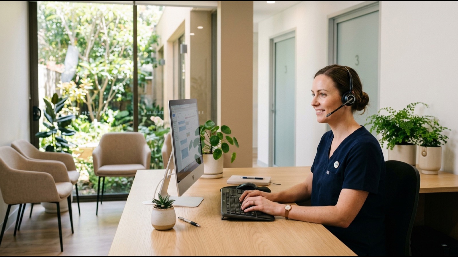 Dental clinic coordinator assisting a patient inquiry about post-treatment tooth review