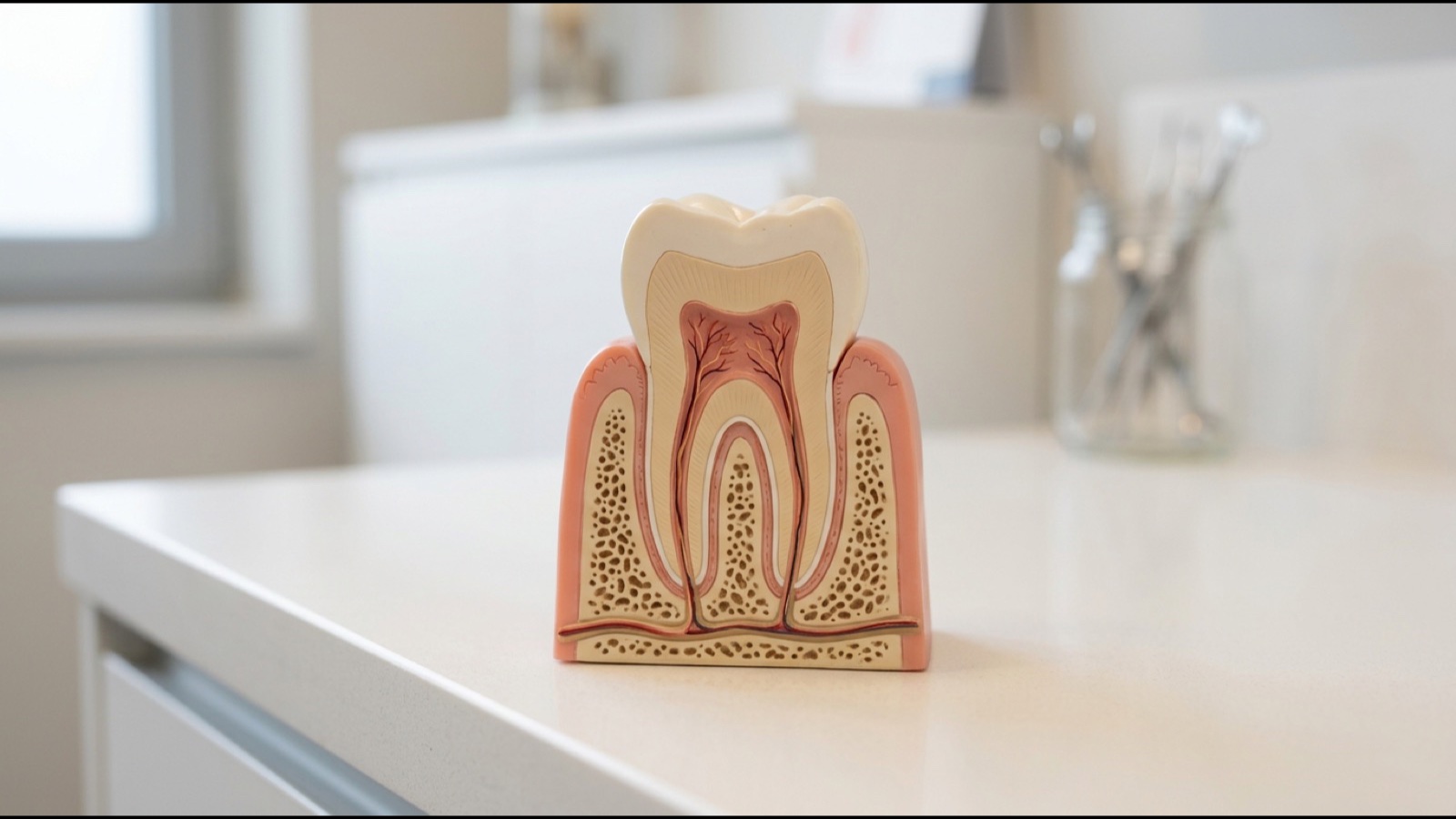 Educational 3D dental model showing molar crown, root canals and supporting tissues