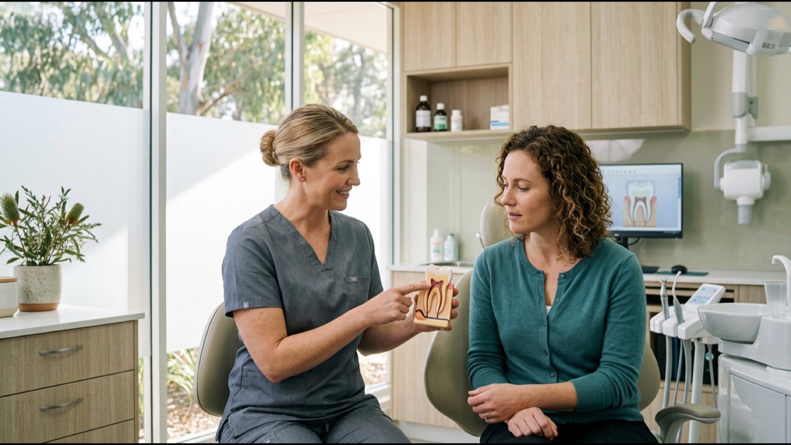 Dentist explaining post-root-canal tooth recovery using an anatomical tooth model