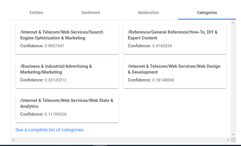 A screenshot with Google recognizing an article as a guide for SEO with 0.99 confidence.