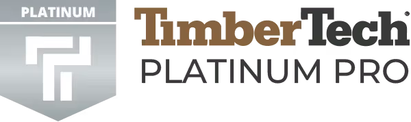 TimberTech Platinum Pro badge for deck builders, outdoor design, construction services, and high quality materials.
