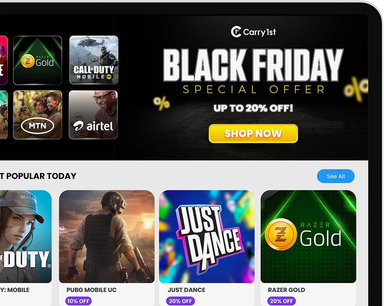 A view of the Carry1st Shop website, which sells a variety of top-ups, gift cards and vouchers for gaming, lifestyle and other product categories in Nigeria, South Africa, Kenya, Ghana, Morocco and Egypt.