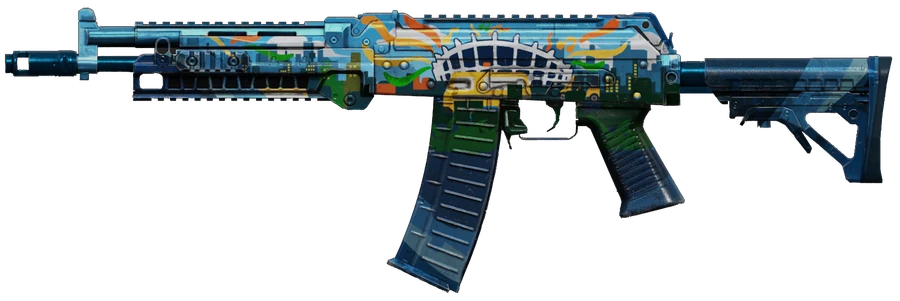 AK117 Skyline Celebration weapon blueprint from the CODM Eagle Ascent event, a blue, green and gold AK117 with a skyline and arch design