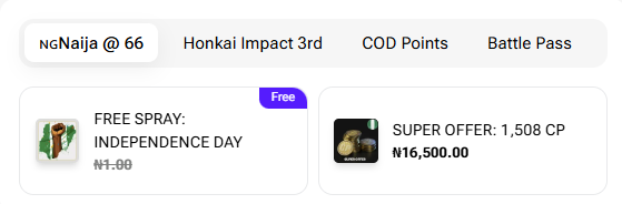 The Naija @ 66 tab on the Carry1st Shop CODM page, showing the free Independence Day spray and the 1,508 CP super offer for 16,500 naira