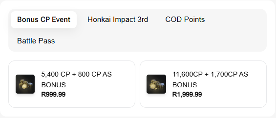 The Bonus CP Event tab on the Carry1st Shop CODM page, showing 5,400 CP plus 800 bonus CP and 11,600 CP plus 1,700 bonus CP