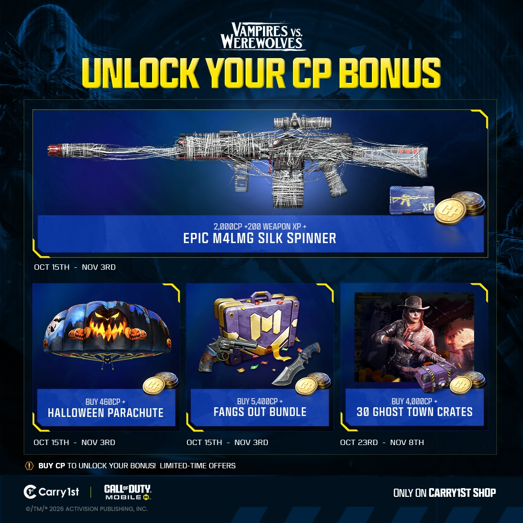 CODM Season 9 CP bonus offers on the Carry1st Shop, including 4,000 CP plus 30 Ghost Town Crates from 23 October to 8 November