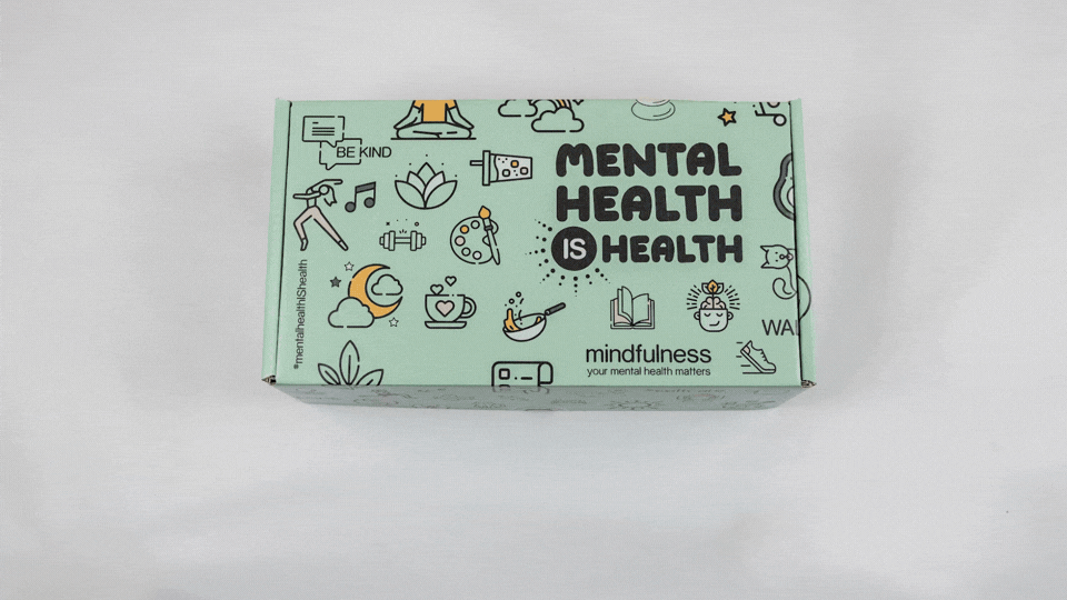 Green box with the text 'MENTAL HEALTH IS HEALTH' and mindfulness icons like lotus, heart, book, and a person meditating.