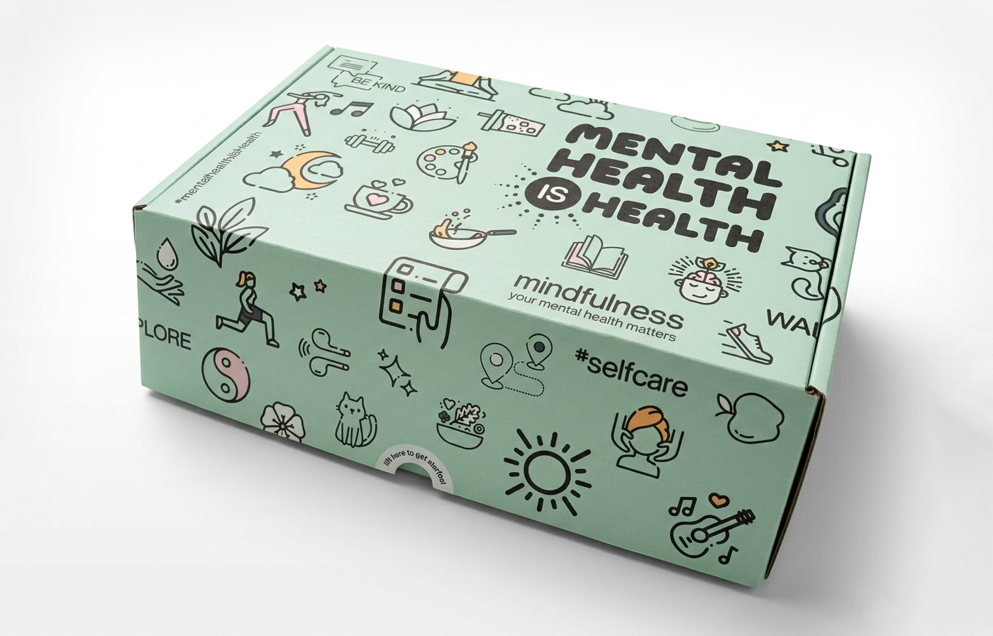 Mint green box with mental health awareness icons and phrases including 'Mental Health is Health', 'mindfulness', and '#selfcare'.