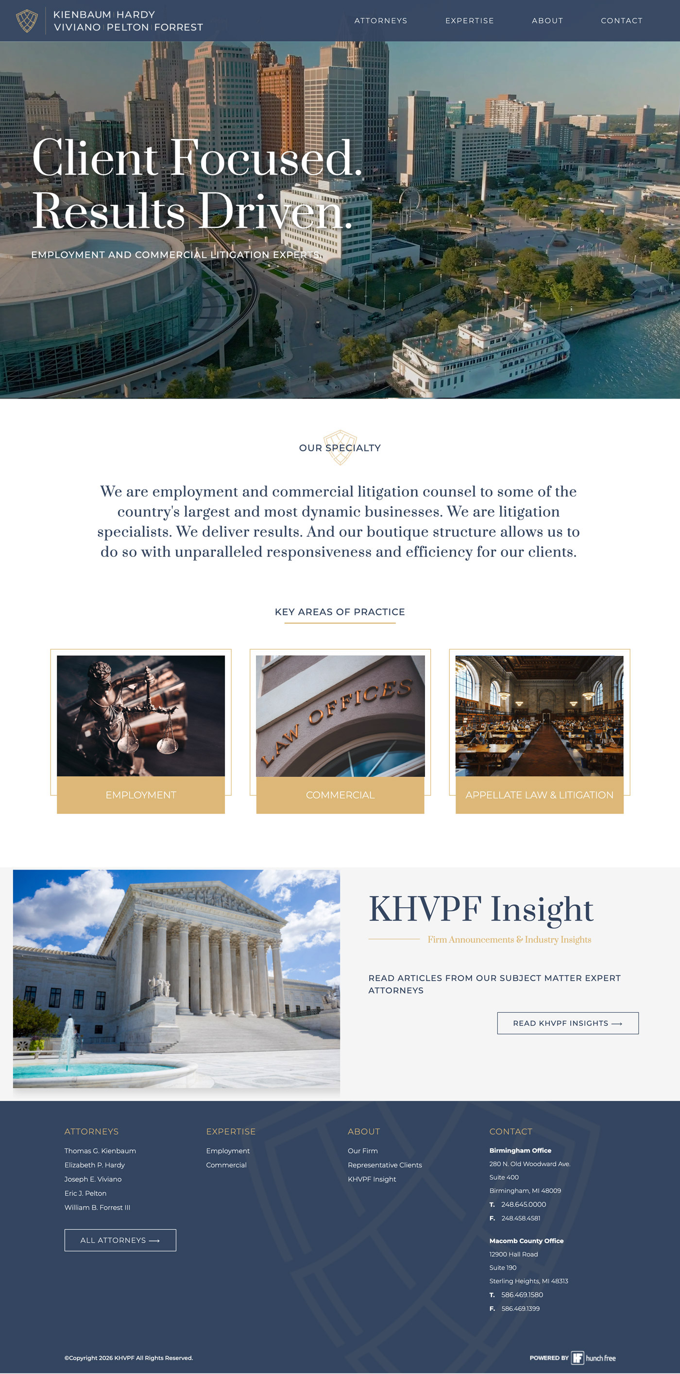 Website showing an aerial view of a city skyline with a river and a docked white boat, overlaid with text about a law firm specializing in employment and commercial litigation, highlighting key practice areas and a photo of a courthouse.