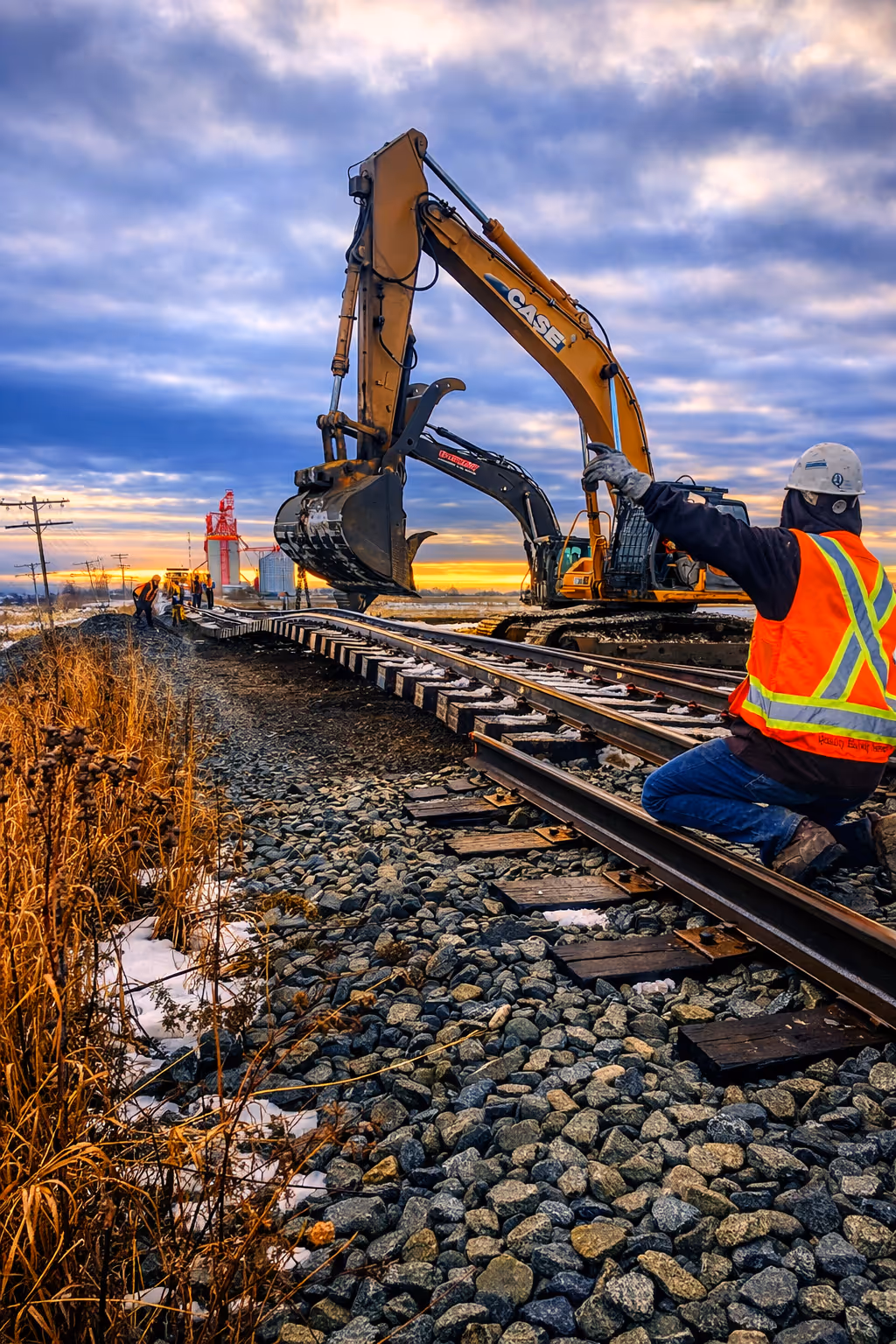 Construction workers in safety vests operating excavators to install railway tracks at a rocky site during sunset.
