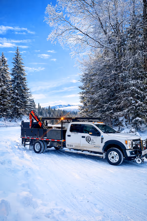 White utility truck with crane parked on a snowy forest road surrounded by snow-covered trees and distant mountains under a blue sky.