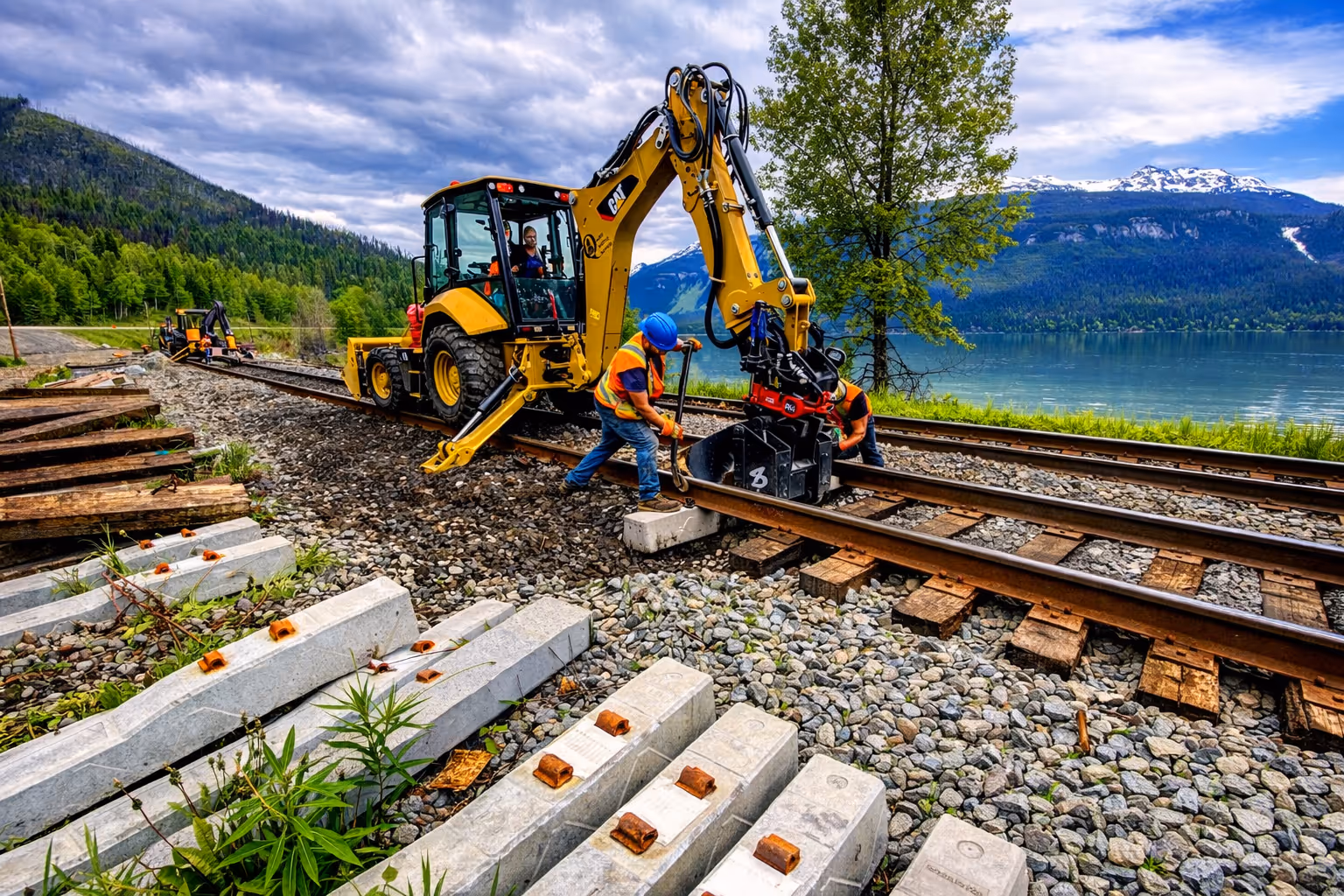 Two construction workers in safety vests and helmets repairing railroad tracks with a yellow excavator near a lake and forested mountains.