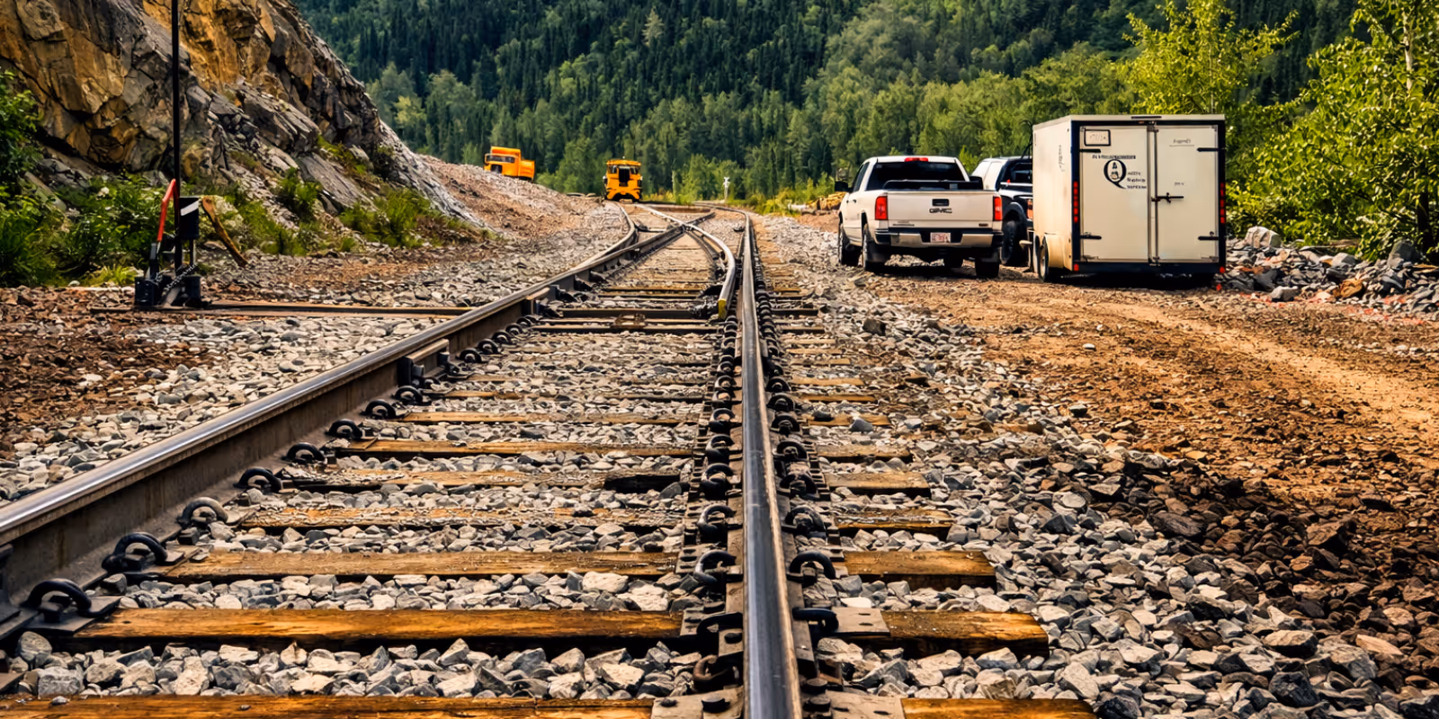 Railroad tracks running through a forested mountainous area with two parked trucks and a trailer on a dirt path beside the tracks.