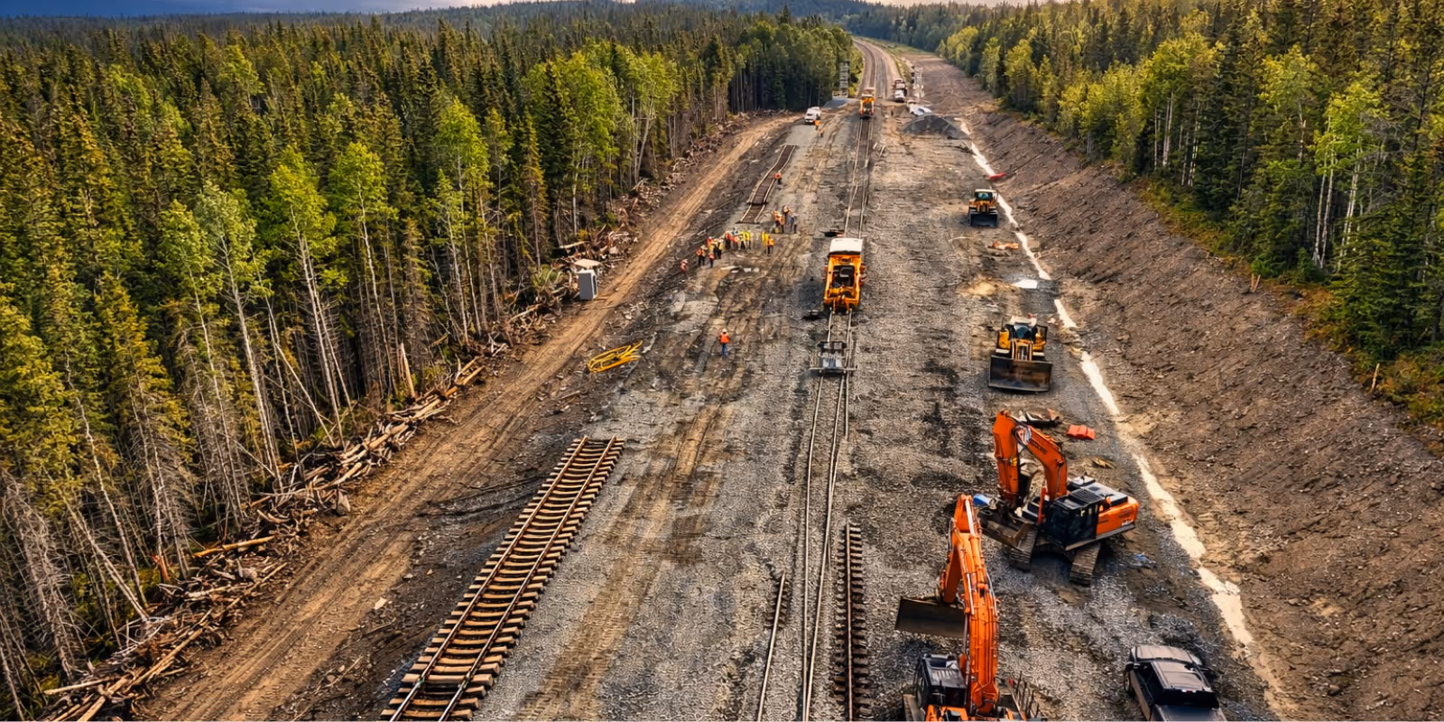 Construction site for railway track surrounded by dense forest, with machinery and workers installing rails.