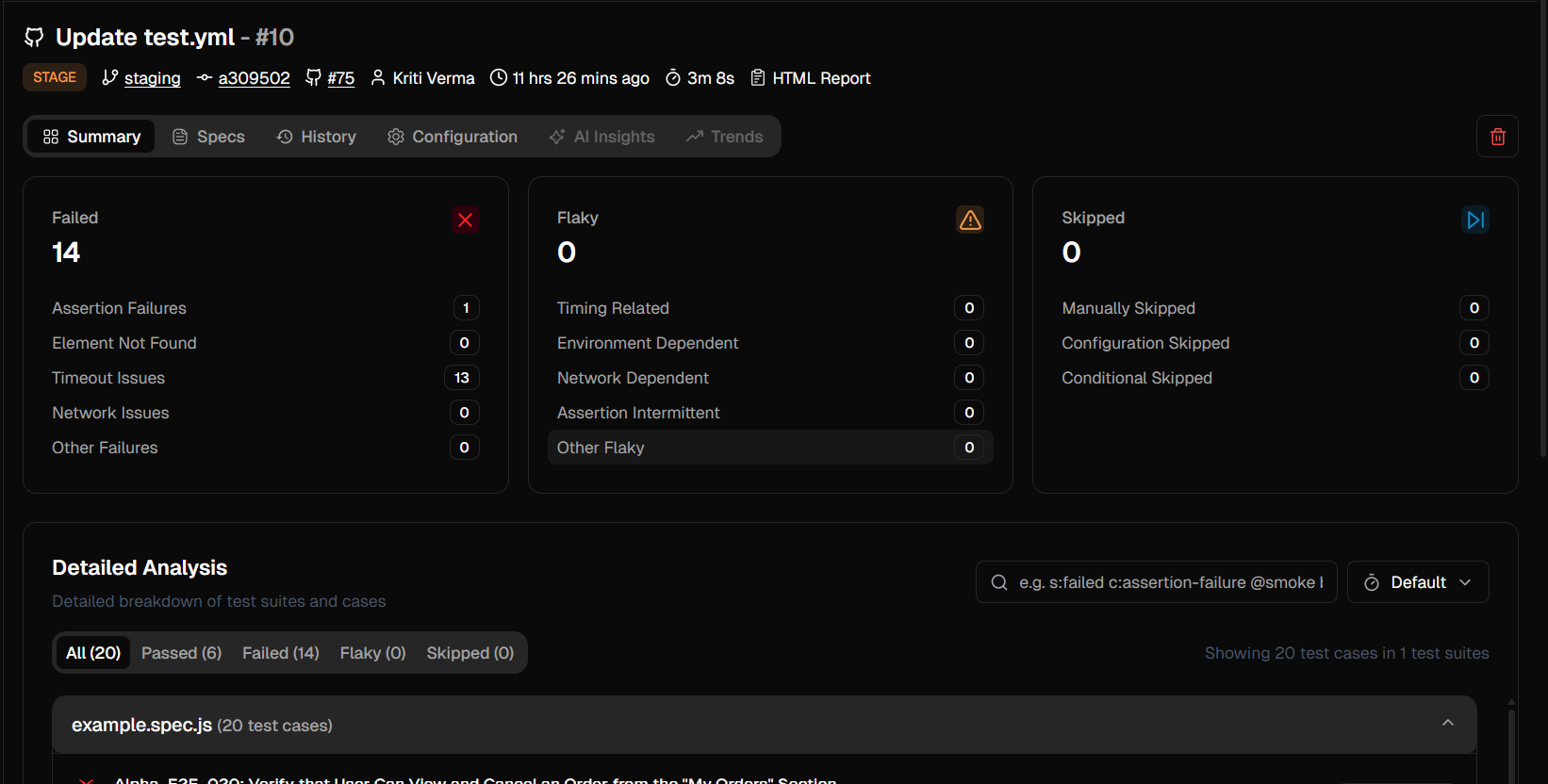 Detailed analysis in Testdino