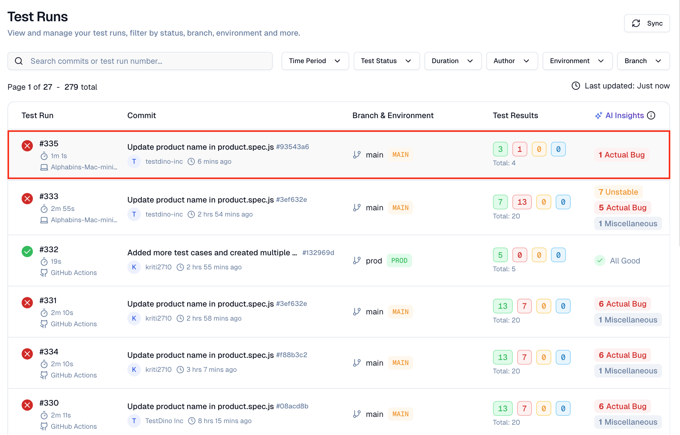 TestDino Playwright test run