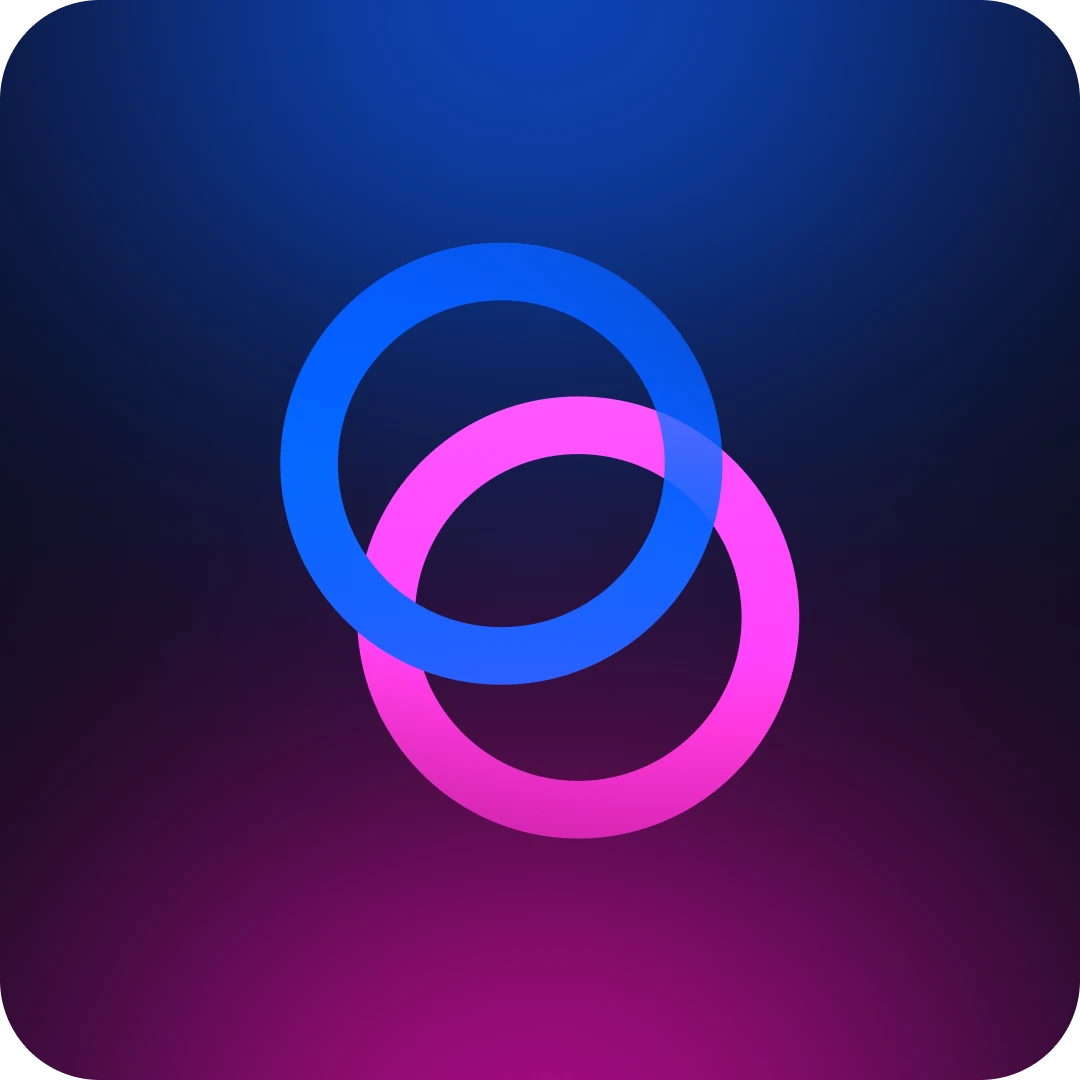 symbol of studio with intersection between two circles, one blue other pink in diagonal