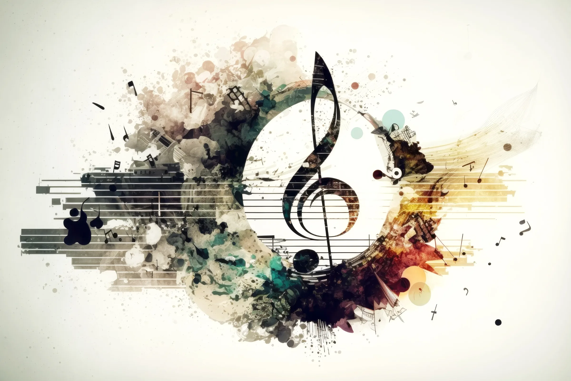 Abstract classical music illustration with notes and staff lines.