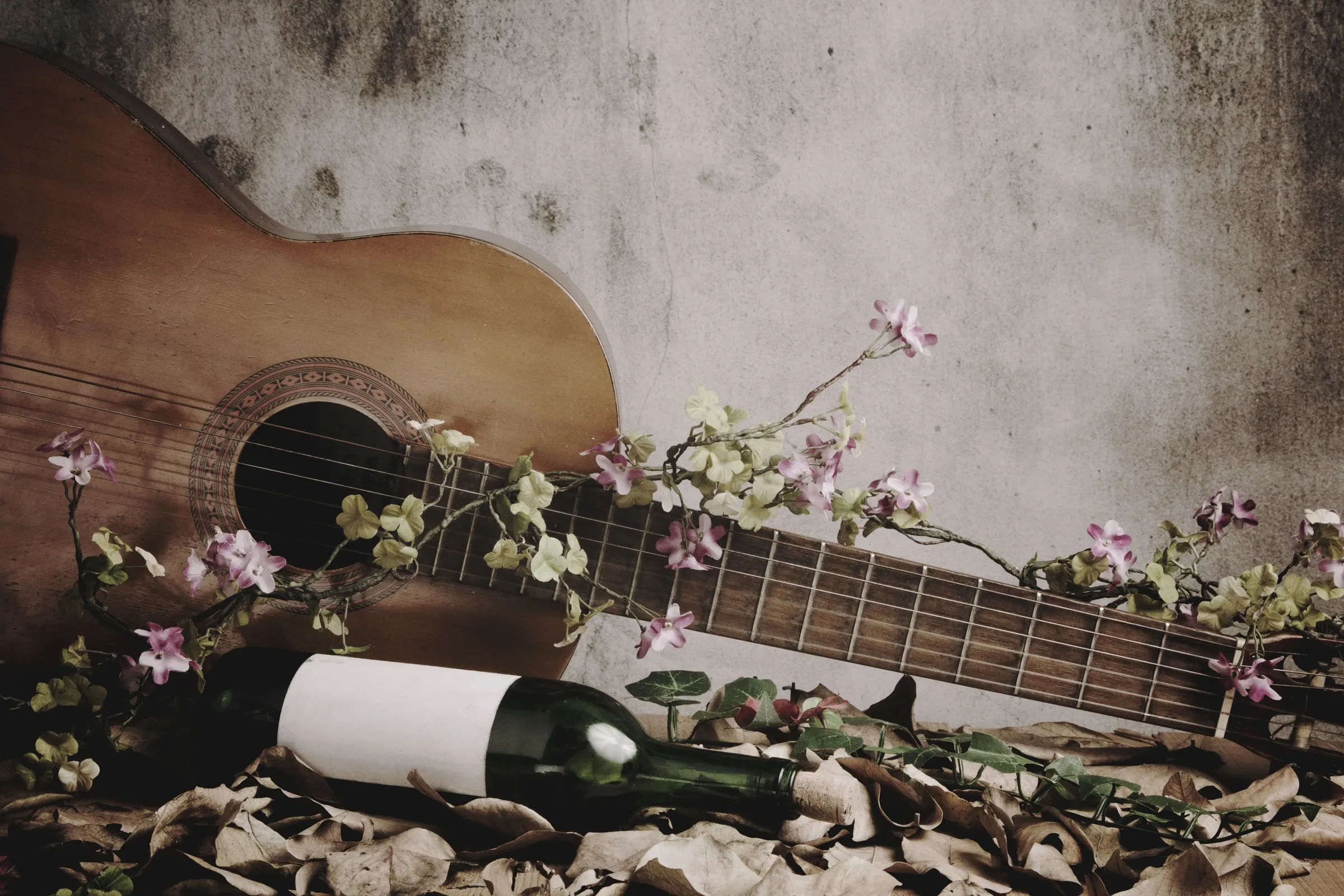 Classical guitar with flowers for wedding ceremony music.