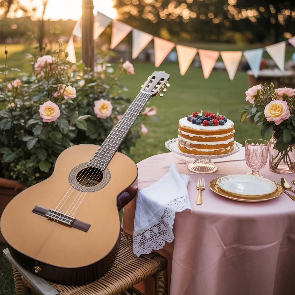 Klassieke gitaar naast een feestelijke bruiloftstafel met taart, bloemen en vlaggetjes.
