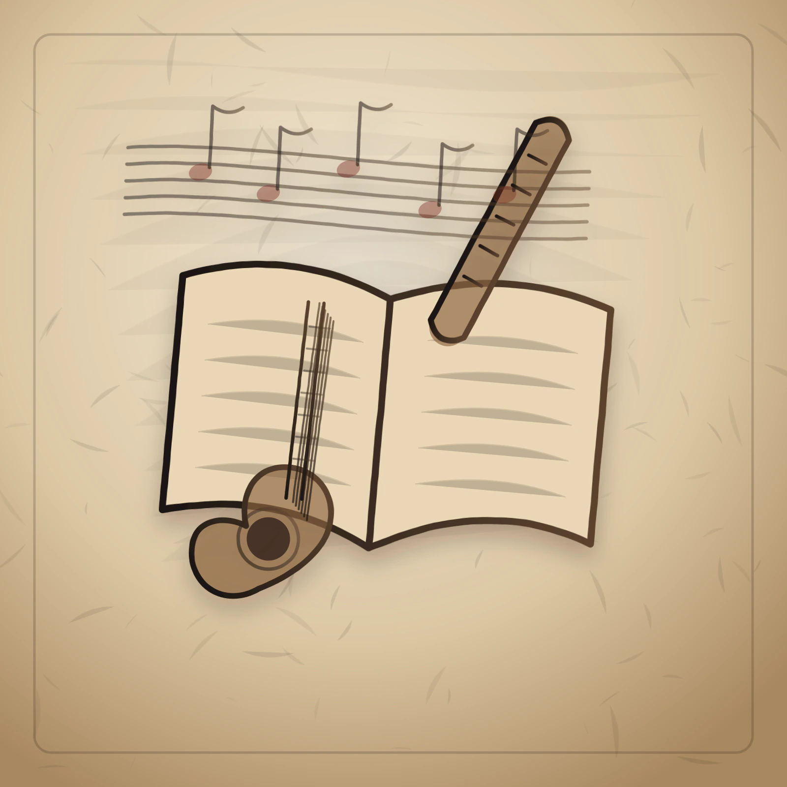 Artistic drawing of a guitar method book and lesson notes for the coming soon courses category