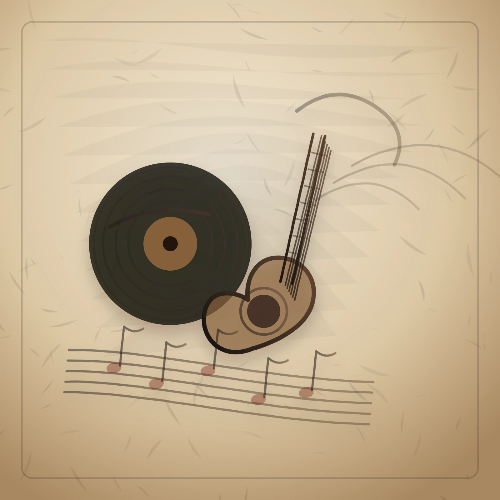Artistic drawing of a classical guitar and vinyl record for the coming soon albums category