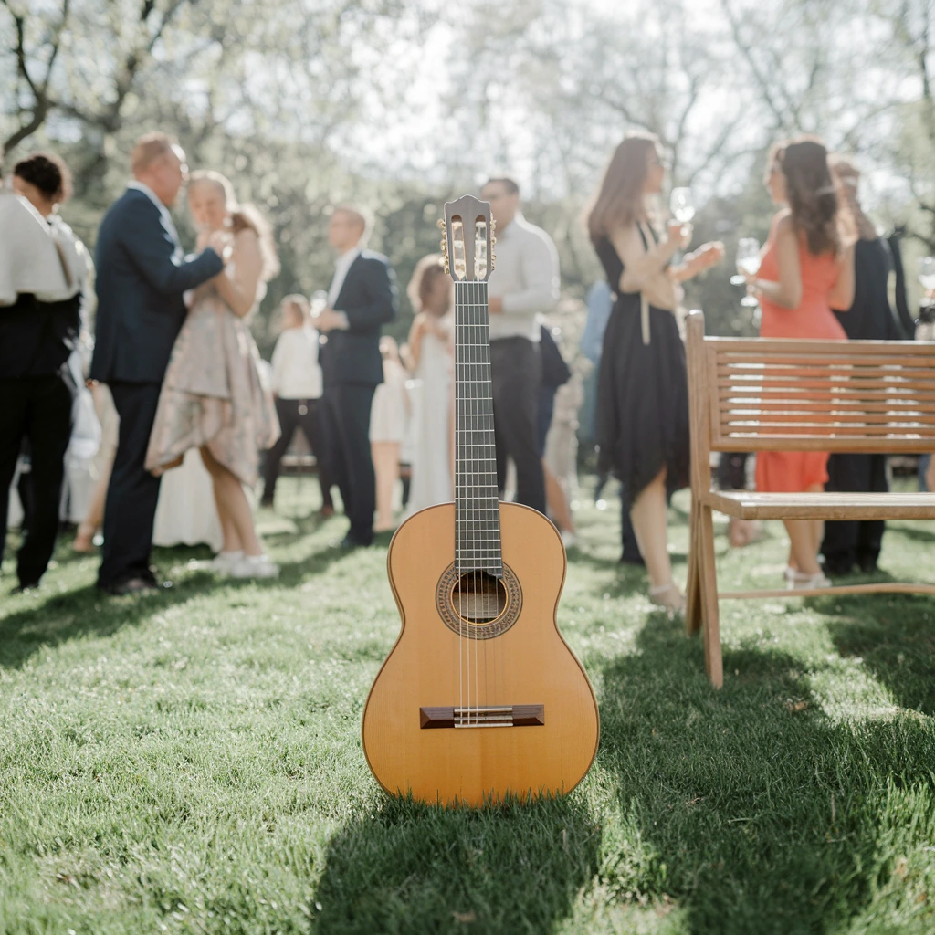 Classical guitar set up on grass at a sunny outdoor event with guests in the background.
