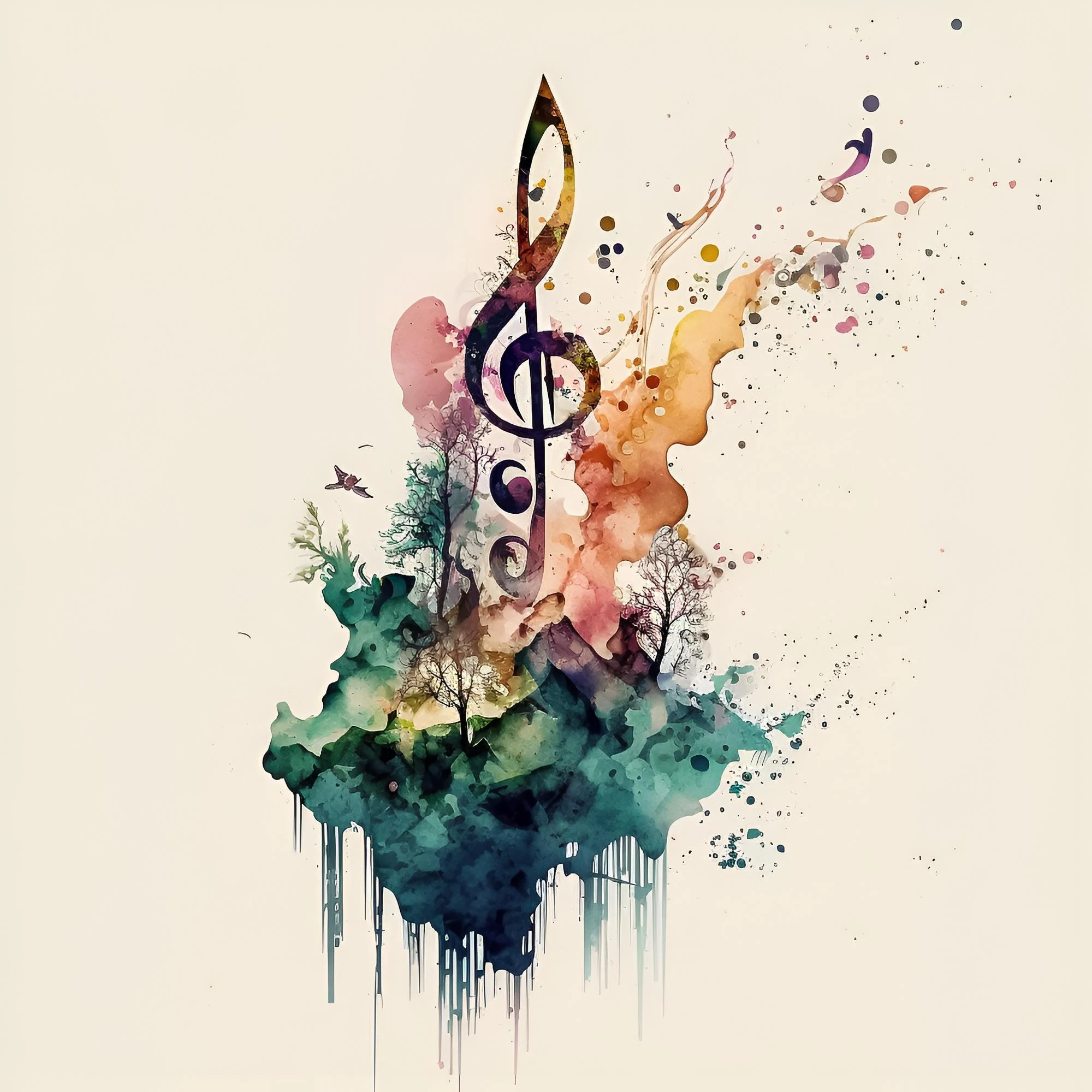 Colorful watercolor music illustration with a treble clef for a tremolo on guitar article.