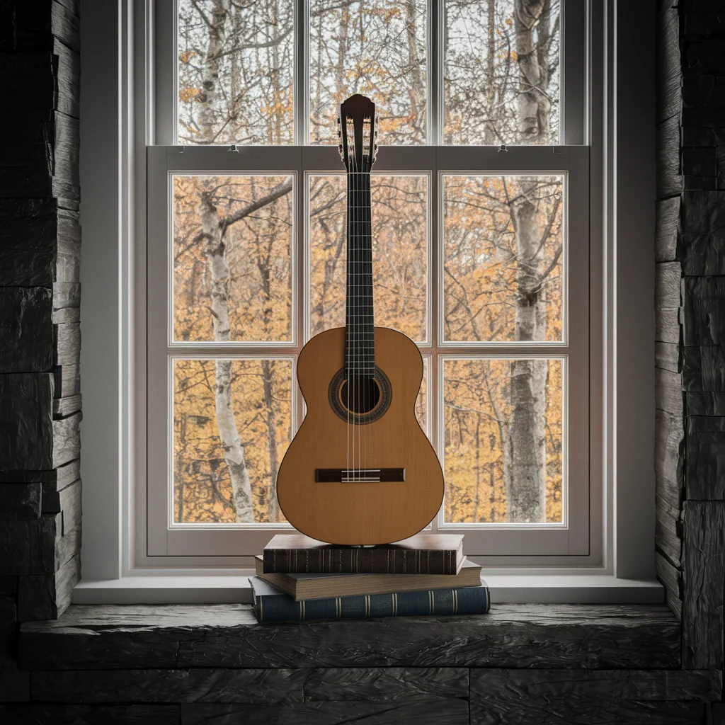 Classical guitar standing on books in front of a window overlooking a forest.
