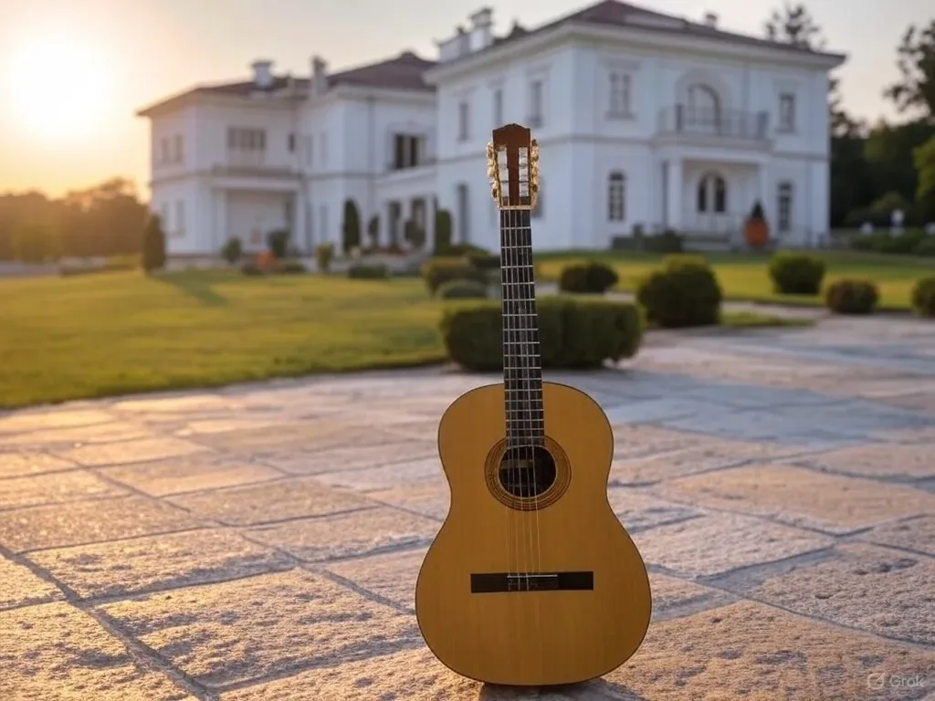 Classical guitar at an estate venue during sunset.