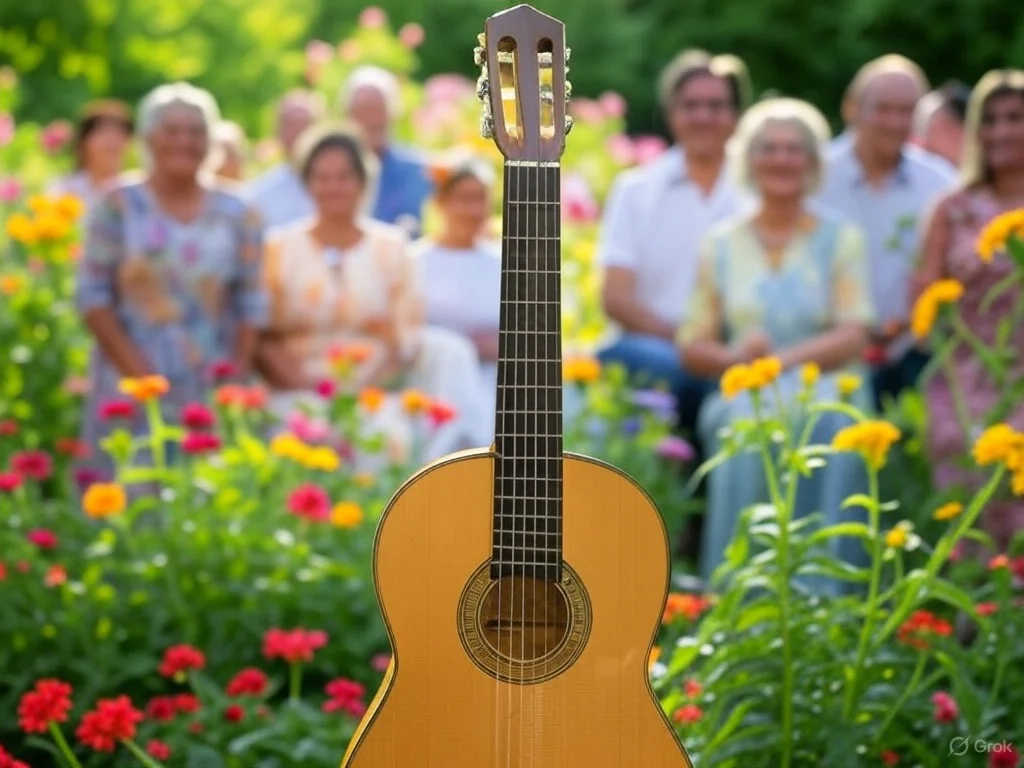 Classical guitar in a flower garden with audience seated in the background for a jubilee concert.