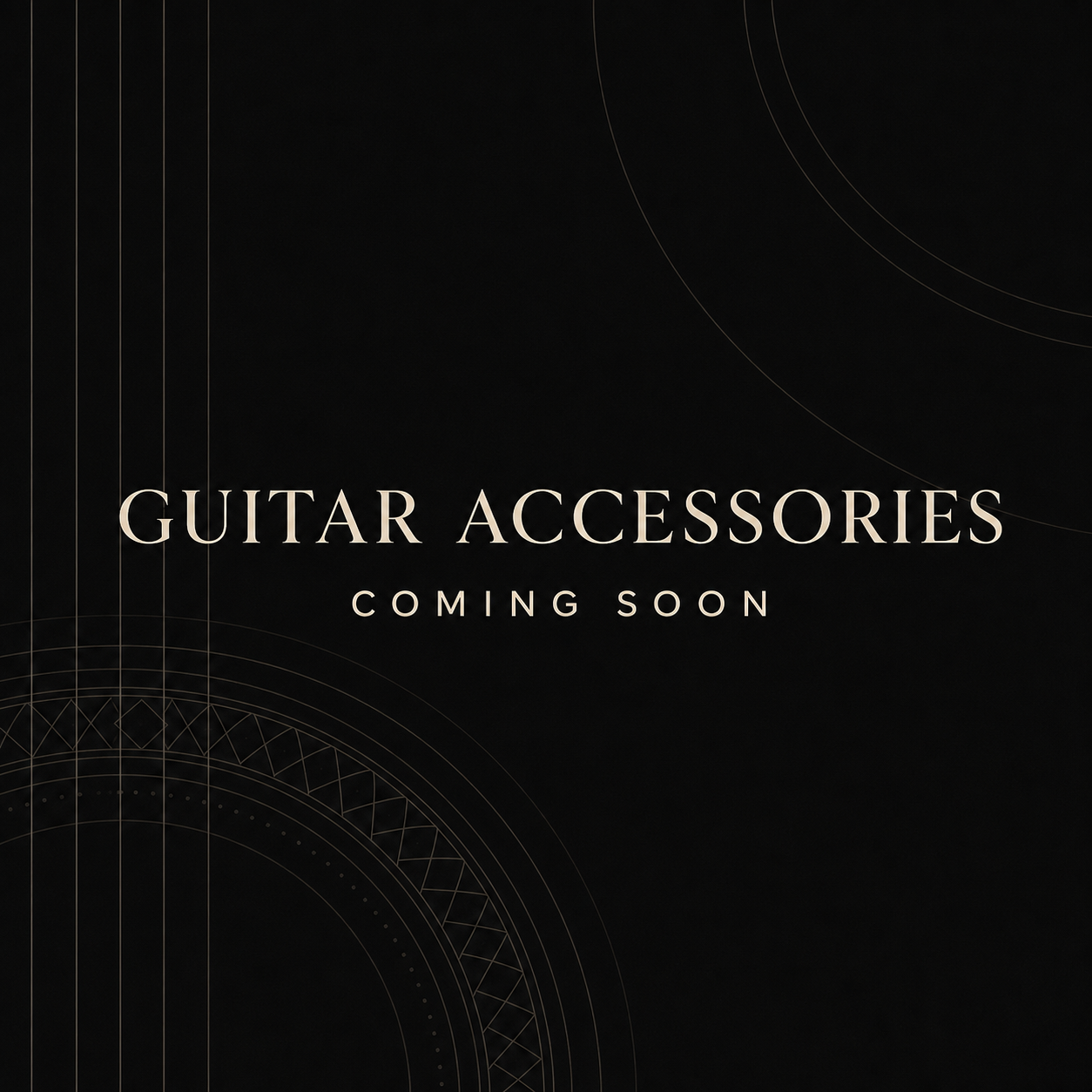 Typographic Guitar Accessories coming soon artwork with abstract classical guitar string and rosette lines