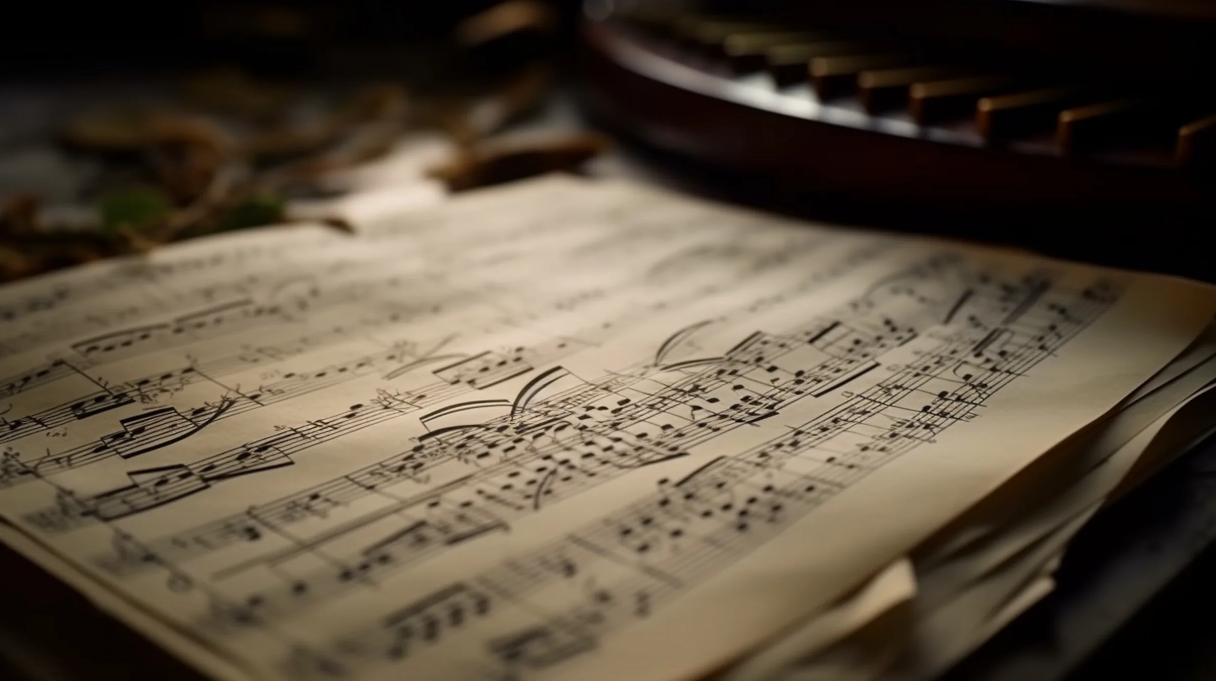 Close-up of printed musical notation beside a classical guitar.