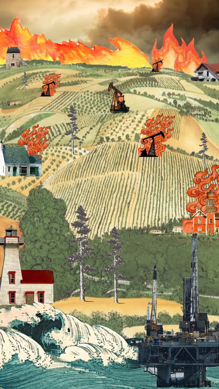 Illustration of an ocean with waves and an oil platform, farmland with burning oil pumps and buildings on fire under a smoky sky.