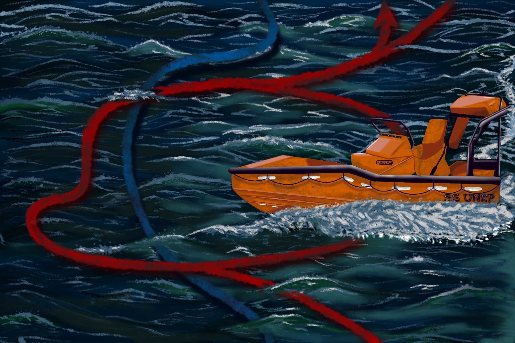 Illustration of an orange research boat named SS UNEP moving on dark ocean water with red and blue arrows indicating ocean currents.